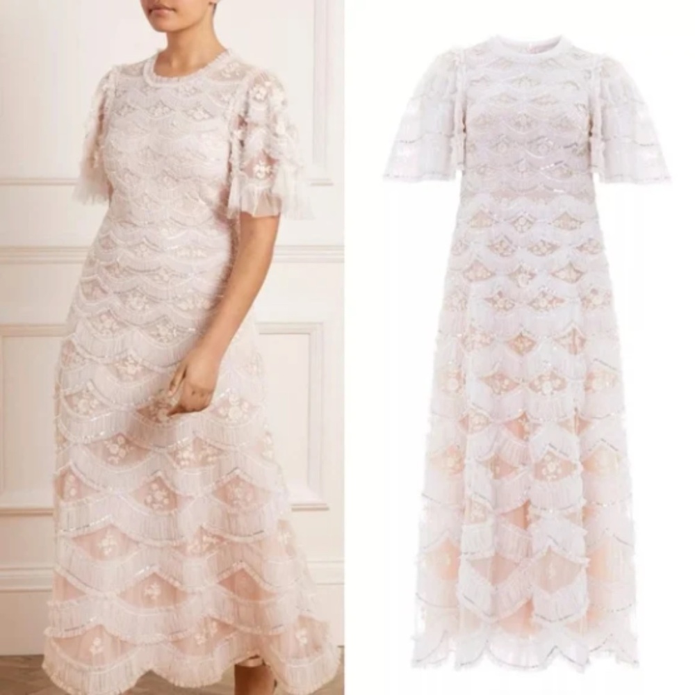 NEEDLE & THREAD WOMENS LUNETTE BLOSSOM ANKLE LENGTH GOWN DRESS SEQUIN TULLE 4 - Picture 3 of 15